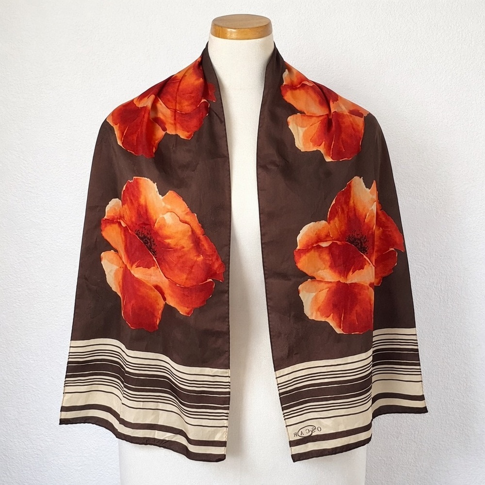 Oscar de la Renta  Vintage Brown Red Poppy Silk Satin Oblong Scarf designer - Picture 2 of 8